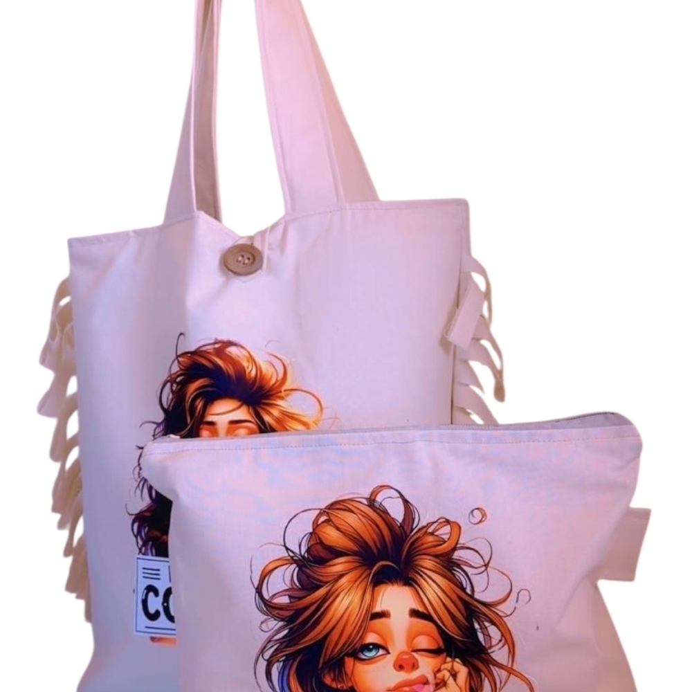 Trendy Cream Tote and Pouch Set with Artistic Design